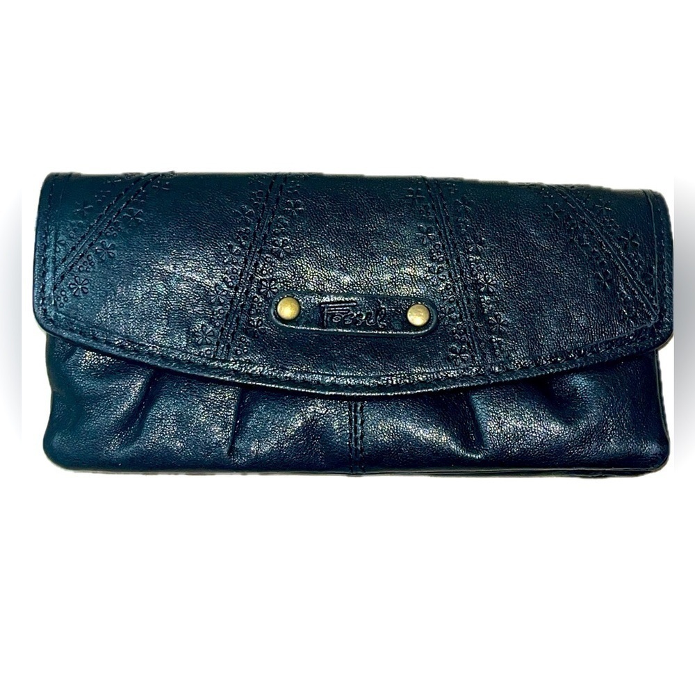 NWT Fossil Talita Flap Clutch Blk Leather Etched Embroidered Wallet Floral Liner